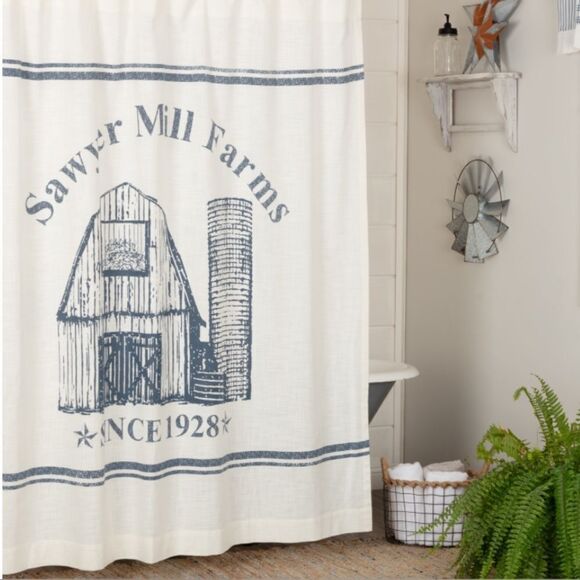 Farmhouse Windmill Cotton Fabric Shower Curtain White Denim Blue - Picture 1 of 3